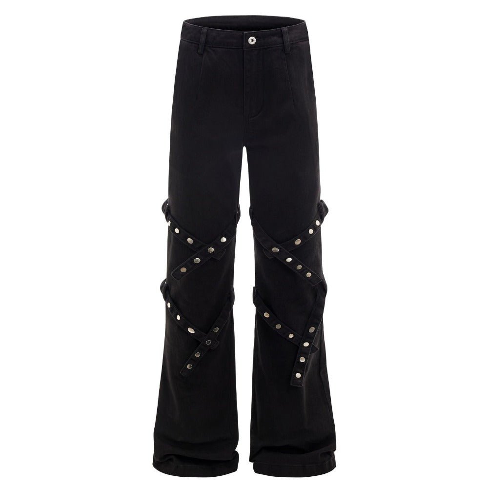 Black Rivet Strapped Flared Pants - Thrashink