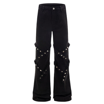 Black Rivet Strapped Flared Pants - Thrashink
