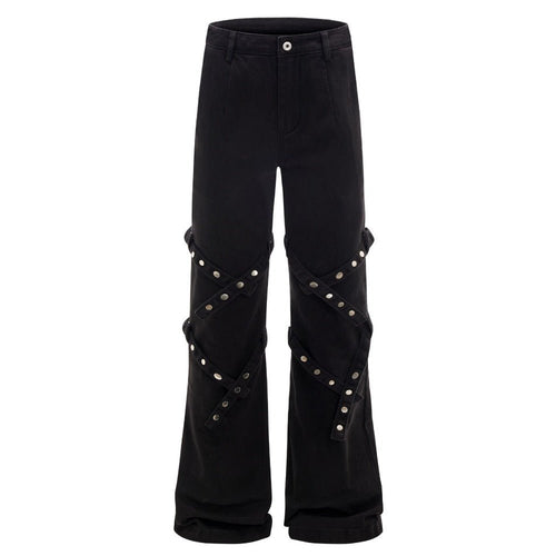 Black Rivet Strapped Flared Pants - Thrashink