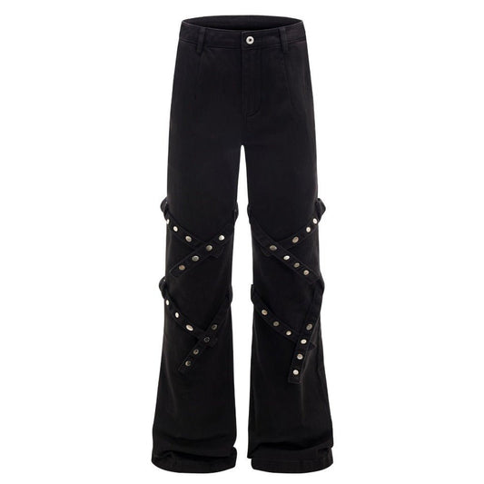 Black Rivet Strapped Flared Pants - Thrashink