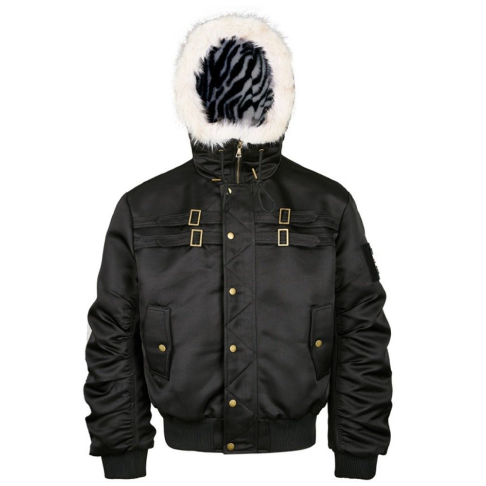 Black Zebra Faux Fur Hooded Bomber Jacket - Thrashink