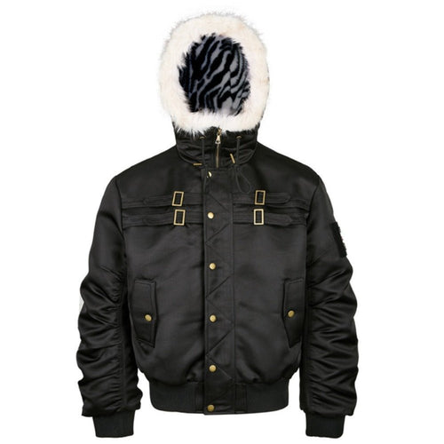 Black Zebra Faux Fur Hooded Bomber Jacket - Thrashink