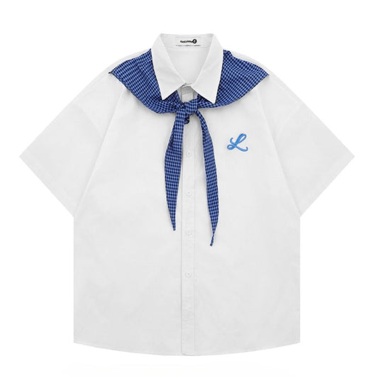 Blue Gingham Cravat Shirt - Thrashink