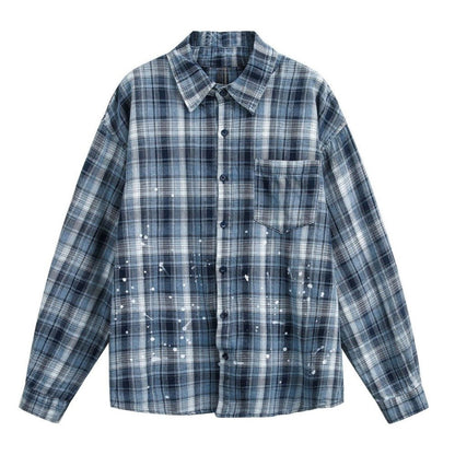 Blue & White Plaid Splatter Shirt - Thrashink
