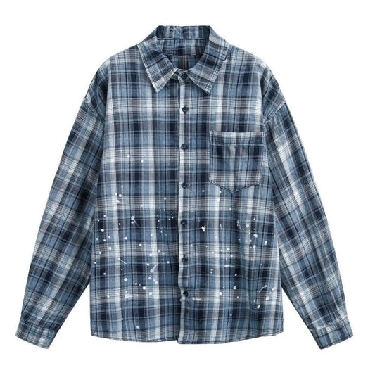 Blue & White Plaid Splatter Shirt - Thrashink