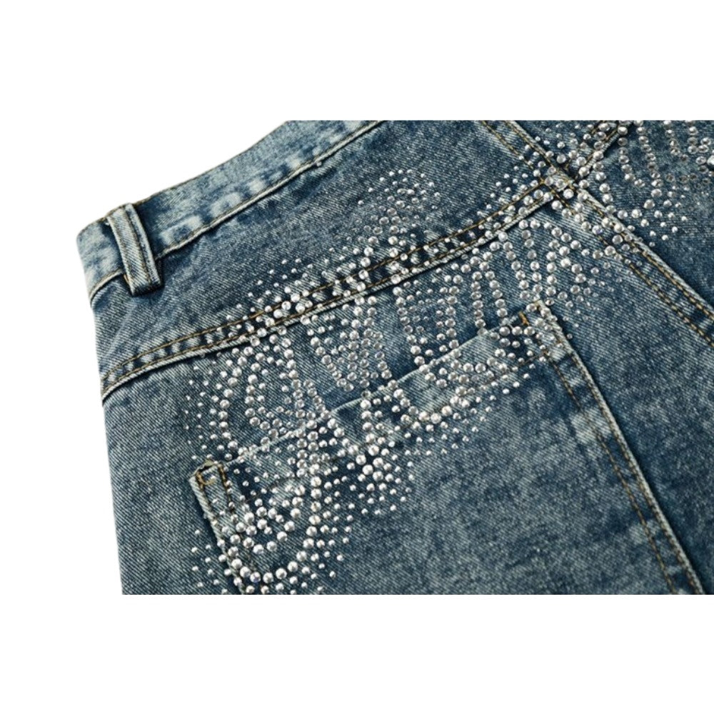 Rhinestone Script Baggy Jeans
