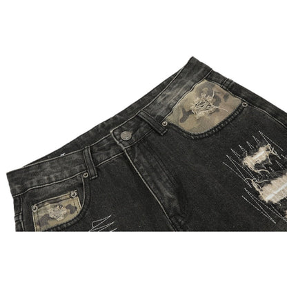 Camo Patch Sutures Distressed Jeans - Thrashink