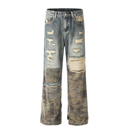 Camo Patch Sutures Distressed Jeans - Thrashink