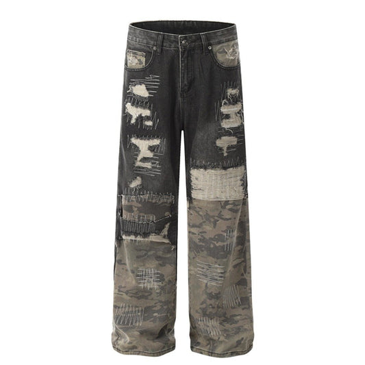 Camo Patch Sutures Distressed Jeans - Thrashink