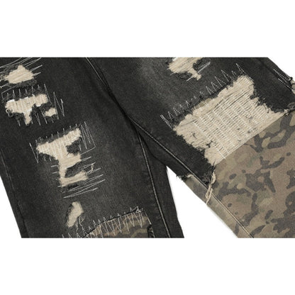 Camo Patch Sutures Distressed Jeans - Thrashink