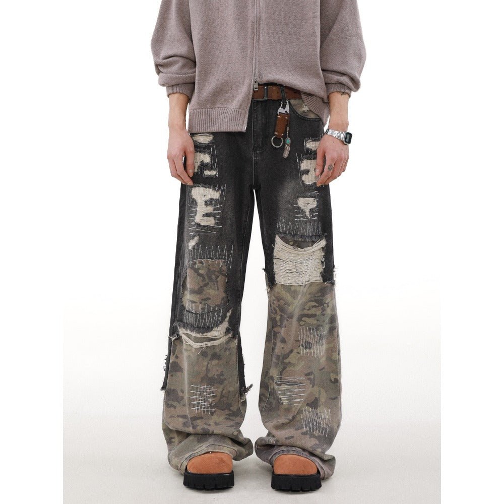 Camo Patch Sutures Distressed Jeans - Thrashink