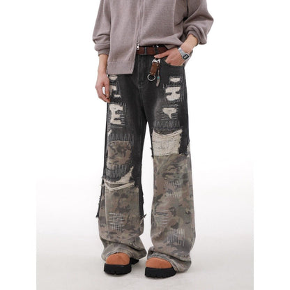 Camo Patch Sutures Distressed Jeans - Thrashink