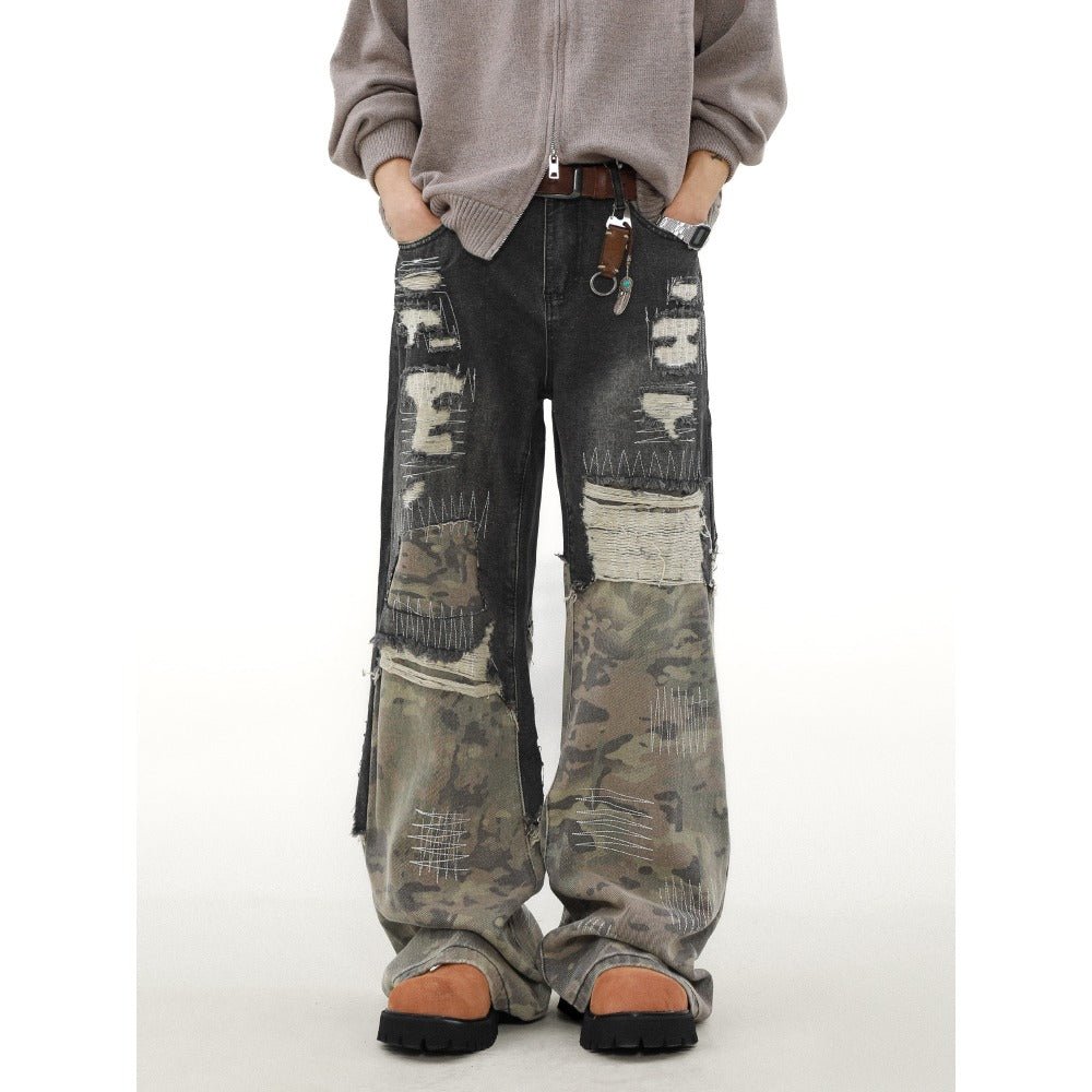 Camo Patch Sutures Distressed Jeans - Thrashink