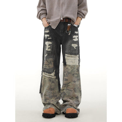 Camo Patch Sutures Distressed Jeans - Thrashink