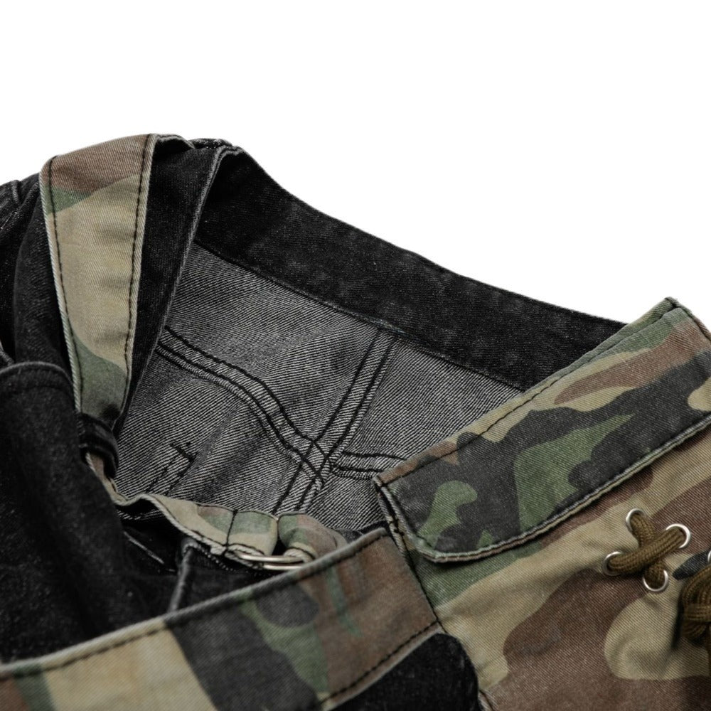 Camo Pouch - Belted Ripped Baggy Jeans - Thrashink
