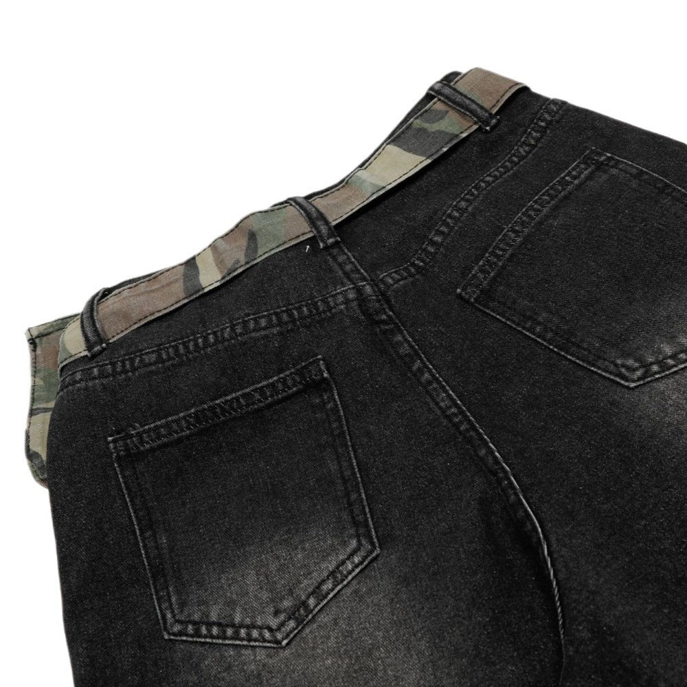 Camo Pouch - Belted Ripped Baggy Jeans - Thrashink