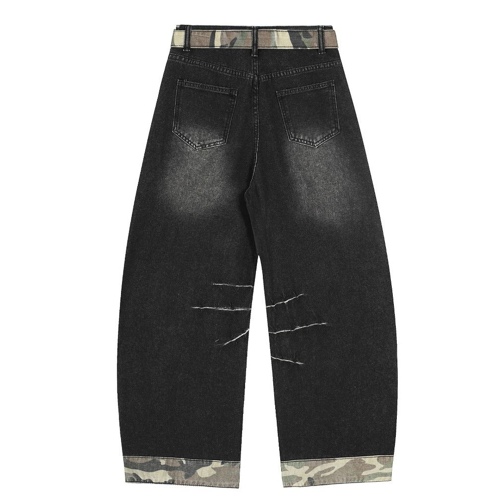 Camo Pouch - Belted Ripped Baggy Jeans - Thrashink
