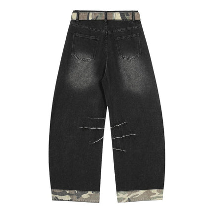 Camo Pouch - Belted Ripped Baggy Jeans - Thrashink