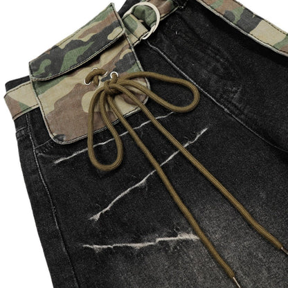 Camo Pouch - Belted Ripped Baggy Jeans - Thrashink