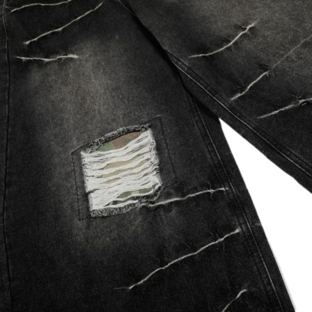 Camo Pouch - Belted Ripped Baggy Jeans - Thrashink
