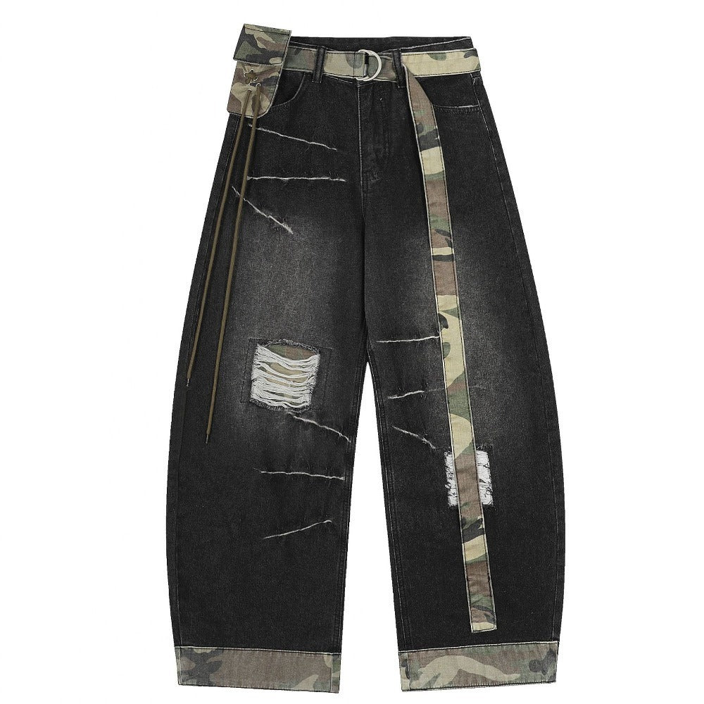 Camo Pouch - Belted Ripped Baggy Jeans - Thrashink