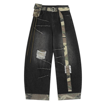 Camo Pouch - Belted Ripped Baggy Jeans - Thrashink