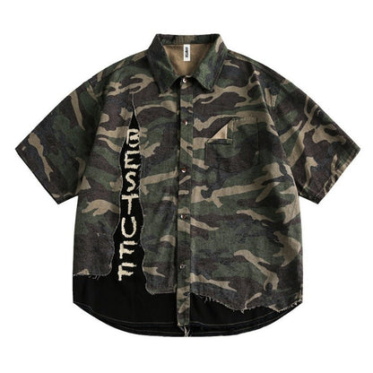 Camouflage Destroyed Patch Shirt - Thrashink