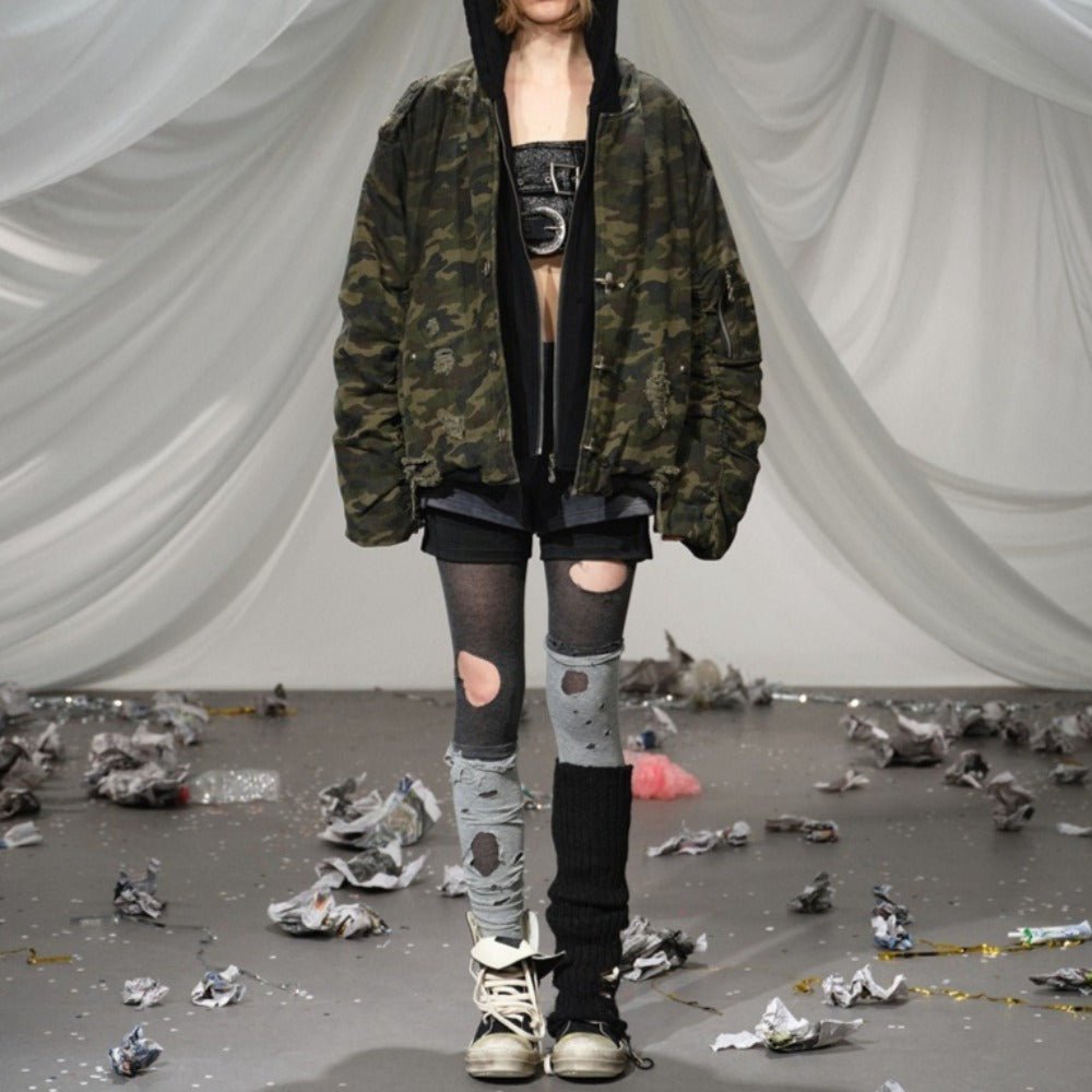 Camouflage Distressed Hooded Padded Jacket - Thrashink