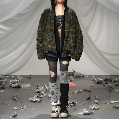 Camouflage Distressed Hooded Padded Jacket - Thrashink