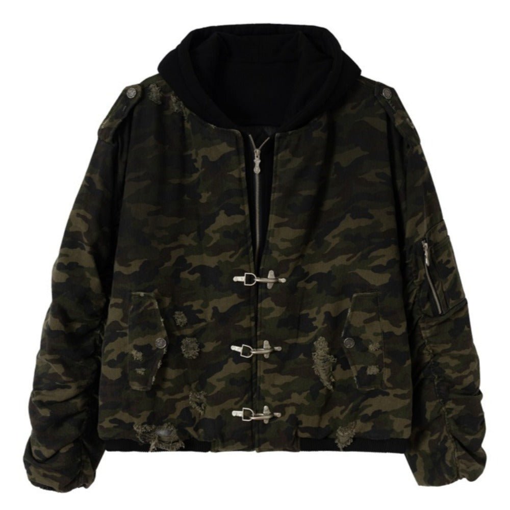 Camouflage Distressed Hooded Padded Jacket - Thrashink