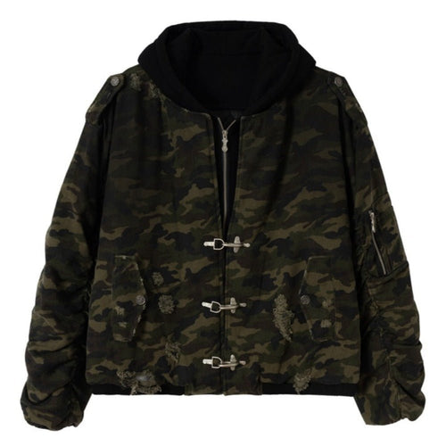 Camouflage Distressed Hooded Padded Jacket - Thrashink
