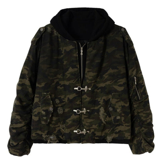 Camouflage Distressed Hooded Padded Jacket - Thrashink