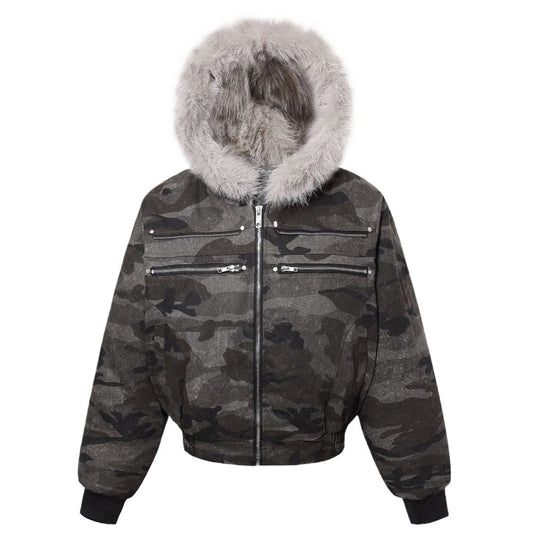 Camouflage Faux Fur Hooded Bomber Jacket - Thrashink