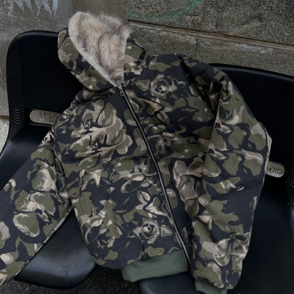 Camouflage Faux Fur Hooded Jacket - Thrashink
