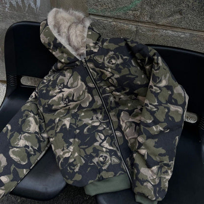 Camouflage Faux Fur Hooded Jacket - Thrashink