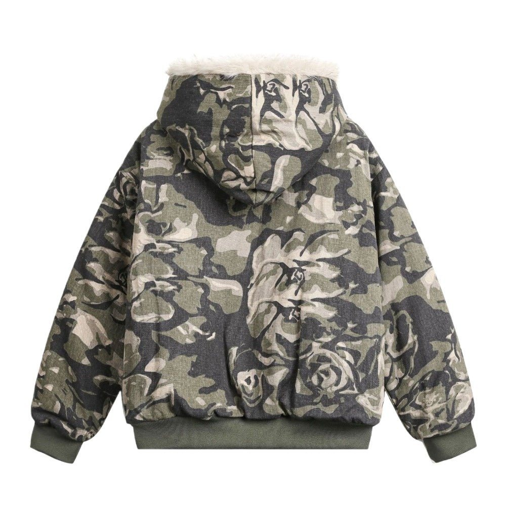 Camouflage Faux Fur Hooded Jacket - Thrashink