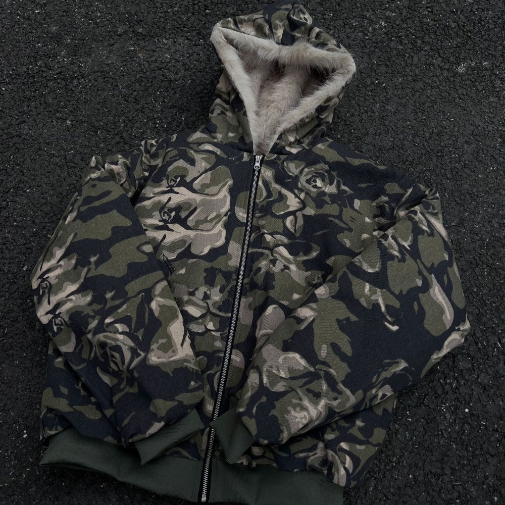 Camouflage Faux Fur Hooded Jacket - Thrashink