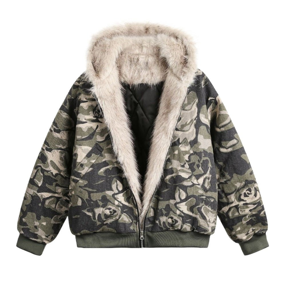 Camouflage Faux Fur Hooded Jacket - Thrashink