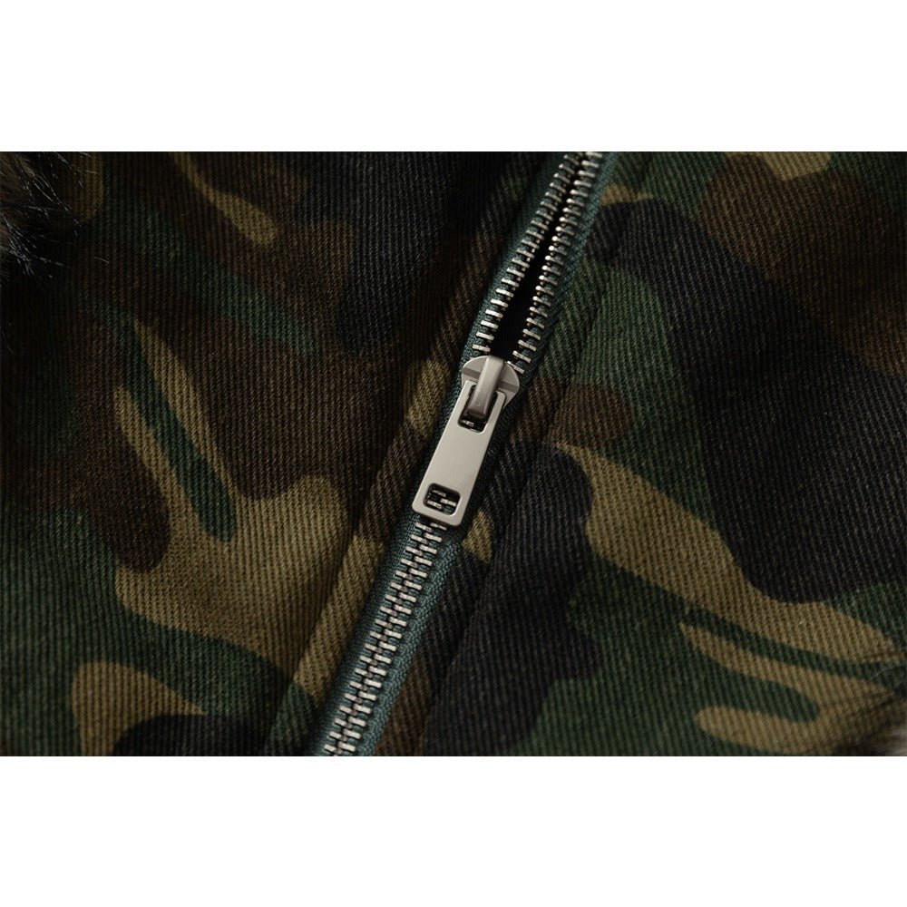 Camouflage Faux Fur Trimmed Hooded Jacket - Thrashink