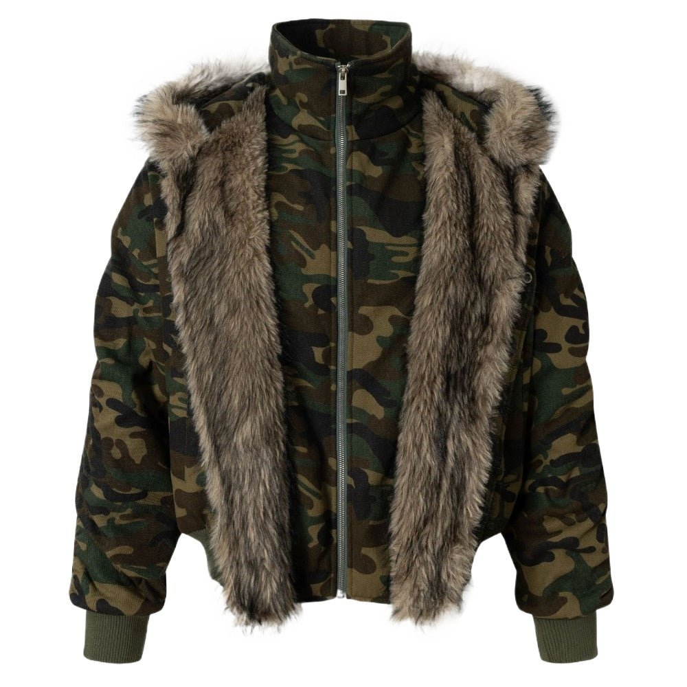 Camouflage Faux Fur Trimmed Hooded Jacket - Thrashink