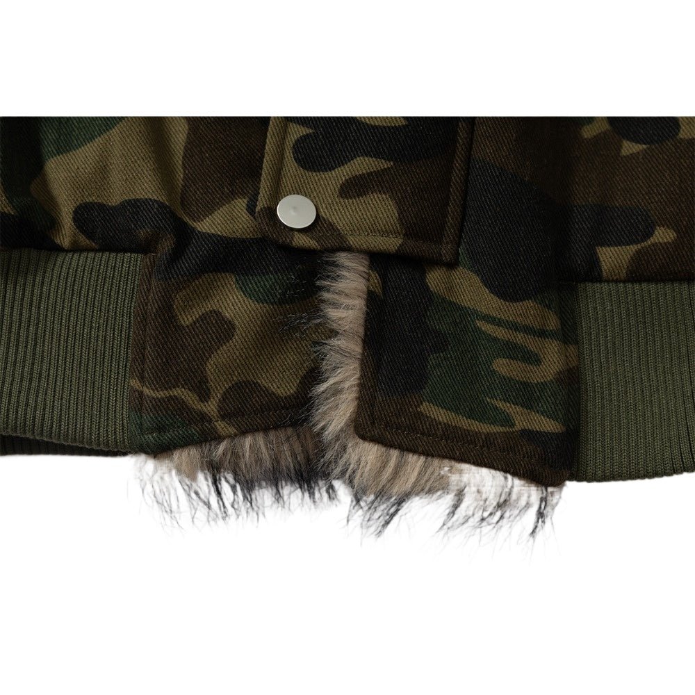 Camouflage Faux Fur Trimmed Hooded Jacket - Thrashink