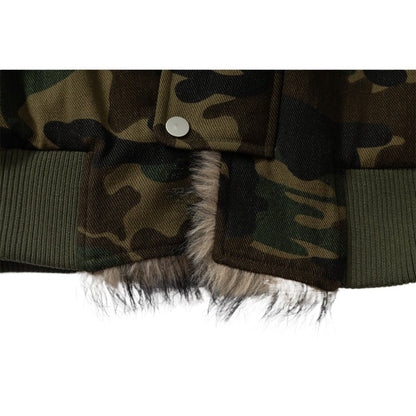 Camouflage Faux Fur Trimmed Hooded Jacket - Thrashink