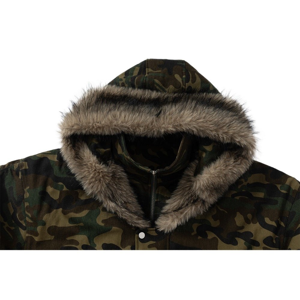 Camouflage Faux Fur Trimmed Hooded Jacket - Thrashink
