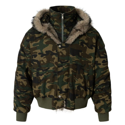Camouflage Faux Fur Trimmed Hooded Jacket - Thrashink