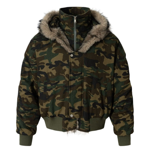 Camouflage Faux Fur Trimmed Hooded Jacket - Thrashink