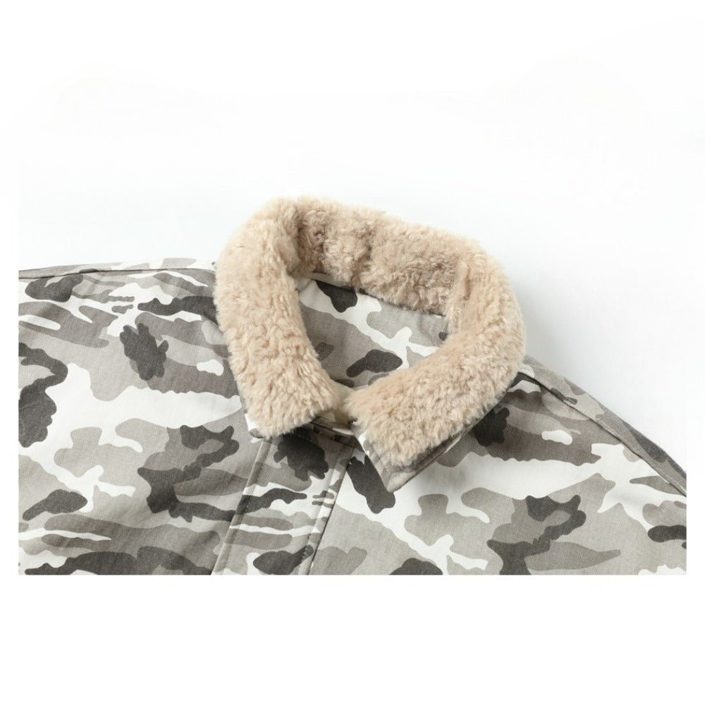 Camouflage Faux Shearling Collar Jacket - Thrashink