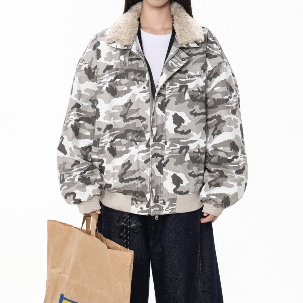 Camouflage Faux Shearling Collar Jacket - Thrashink
