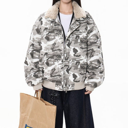 Camouflage Faux Shearling Collar Jacket - Thrashink