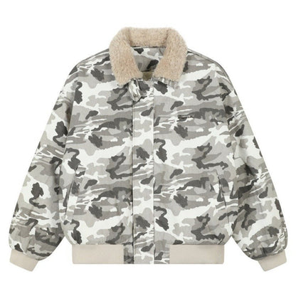 Camouflage Faux Shearling Collar Jacket - Thrashink