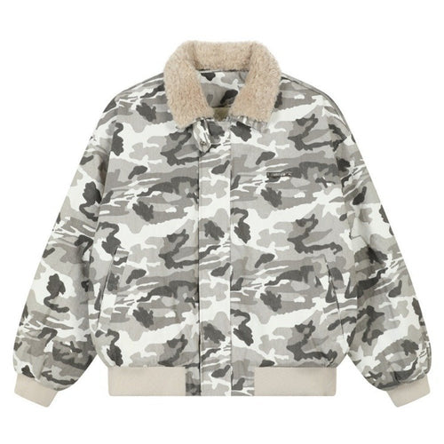 Camouflage Faux Shearling Collar Jacket - Thrashink